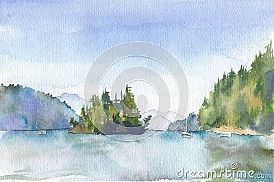 Watercolor painted landscape with a lake and an island Stock Photo