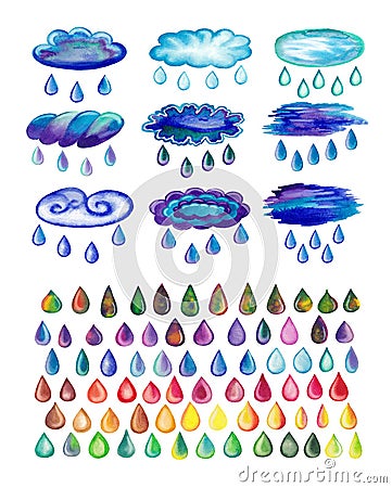 Watercolor painted rainy clouds and drops. Stock Photo