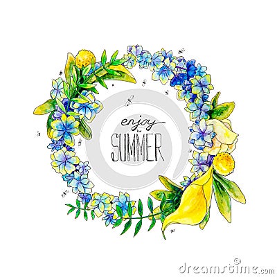 Watercolor painted summer wreath Stock Photo