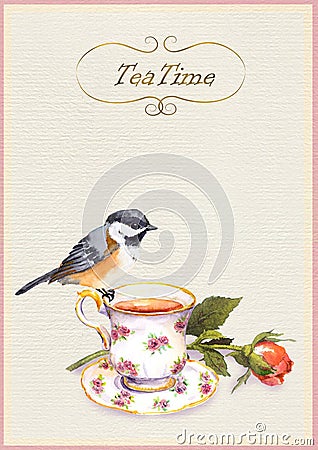 Watercolor painted teatime card with tea cup, pretty bird and rose flower Stock Photo