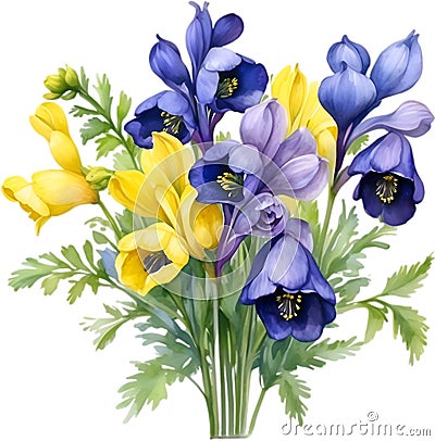 Watercolor painting of Aconite flower. AI-Generated. Stock Photo