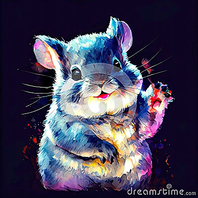 watercolor painting of a adorable, innocence, charm baby chinchilla . Gray and white fur with hints, soft and fluffy. Large, round Stock Photo