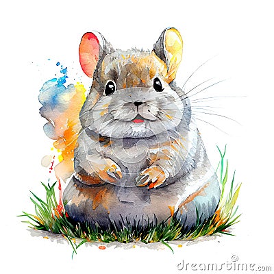 watercolor painting of a adorable, innocence, charm baby chinchilla . Gray and white fur with hints, soft and fluffy. Large, round Stock Photo