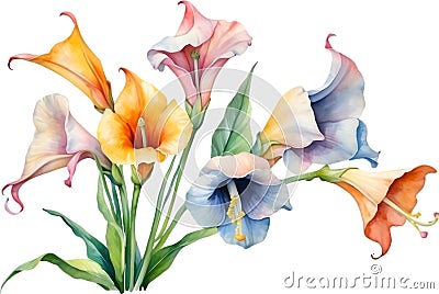 Watercolor painting of Angel's trumpet flower. Ai-Generated Stock Photo