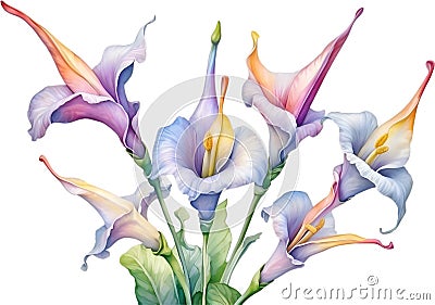 Watercolor painting of Angel's trumpet flower. Ai-Generated Stock Photo