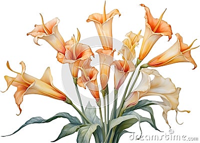 Watercolor painting of Angel's trumpet flower. Ai-Generated Stock Photo