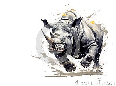 Watercolor painting of angry rhinoceros running on white background. Wildlife Animals. Illustration, Generative AI Stock Photo