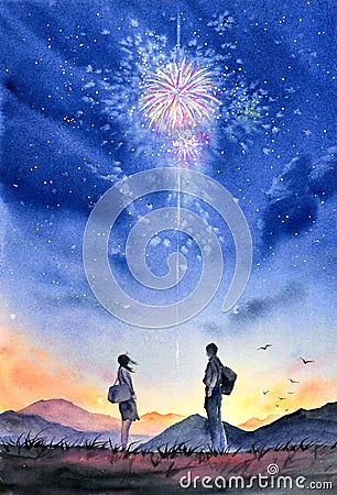 Watercolor Painting - Couple under Firework Night Sky Stock Photo