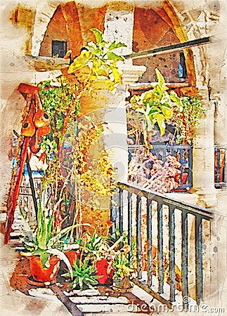 Watercolor painting of arches and balconies in the Buyuk Han in nicosia a historic caravansarai build in the ottoman empire Stock Photo