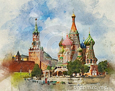 Watercolor painting art imitation. Moscow Red Square Kremlin towers with stars and Clock Kuranti, Saint Basil`s Cathedral church Stock Photo