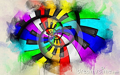 Watercolor painting art rainbow piano keyboard spiral music background. Fractal like endless staircase. Rainbow colors piano keys Stock Photo