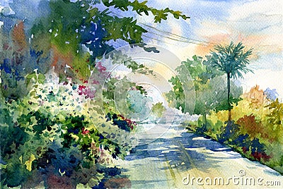 Watercolor painting of autumn landscape with a beautiful road with colored trees Cartoon Illustration