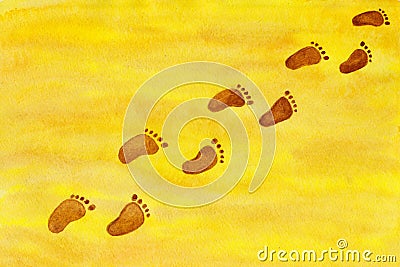 Foot steps on a sandy shore watercolor painting Stock Photo