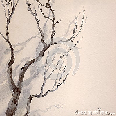 Watercolor painting. Bare branches of an old tree Stock Photo