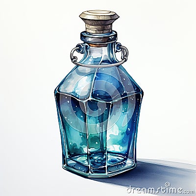 Watercolor painting of beautiful bottles with magical potion. Generative AI Stock Photo