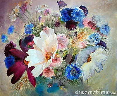 Watercolor painting of beautiful flowers. Stock Photo