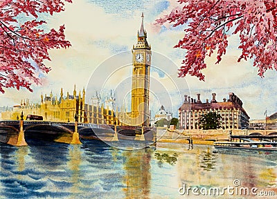 Watercolor painting Big Ben Clock Tower and thames river Cartoon Illustration