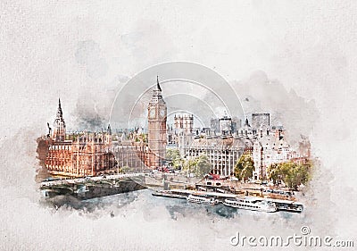 Watercolor painting of Big Ben, Westminster Palace in London, the UK Stock Photo