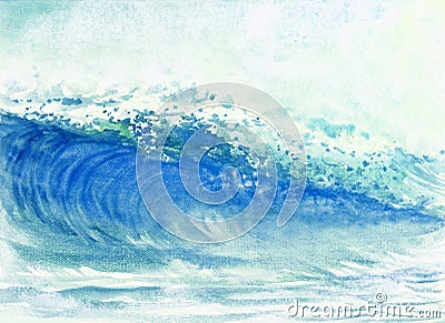 Watercolor painting big sea wave of storm. Cartoon Illustration