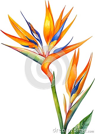 Watercolor painting of Bird-of-Paradise flower. Waterclor flower illustration. Ai-Generated Stock Photo