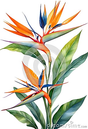 Watercolor painting of Bird-of-Paradise flower. Waterclor flower illustration. Ai-Generated Stock Photo