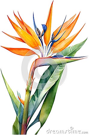 Watercolor painting of Bird-of-Paradise flower. Waterclor flower illustration. Ai-Generated Stock Photo