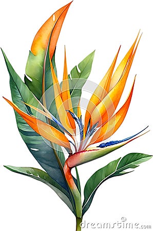 Watercolor painting of Bird-of-Paradise flower. Waterclor flower illustration. Ai-Generated Stock Photo