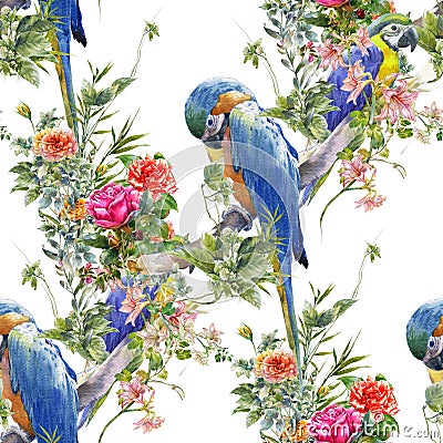 Watercolor painting with birds and flowers, seamless pattern on white background illustration Stock Photo