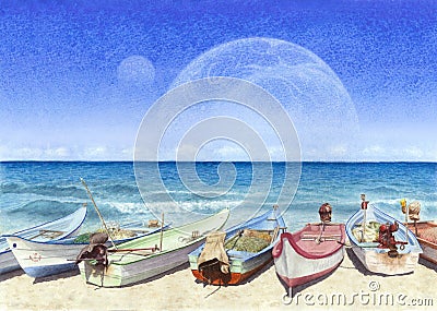 Watercolor painting of boats on the beach in unreal world Stock Photo