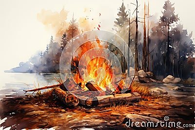 Watercolor painting of a bonfire on the shore of a lake AI Generated Generative AI Stock Photo