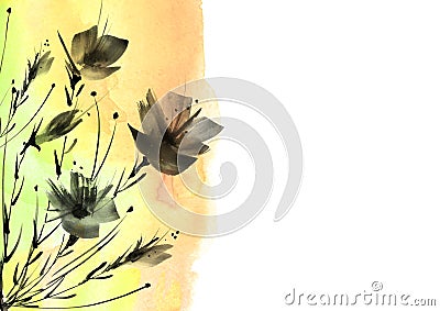 Watercolor painting.A bouquet of black silhouette flowers of poppies, wildflowers on a white isolated background.watercolor floral Cartoon Illustration