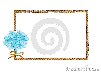 Watercolor painting of Brown Rope frame with bouquet of blue flowers. Stock Photo