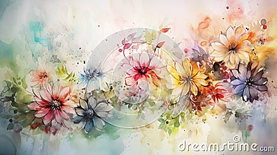 Watercolor painting of a bunch of flowers, dreamy floral background. Dark background. Stock Photo