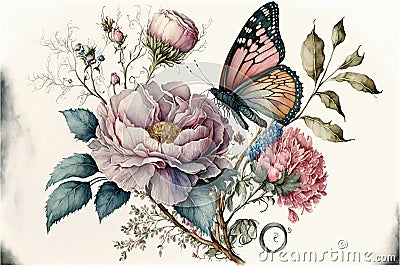 Watercolor painting of butterfly and flower garden isolated background Stock Photo