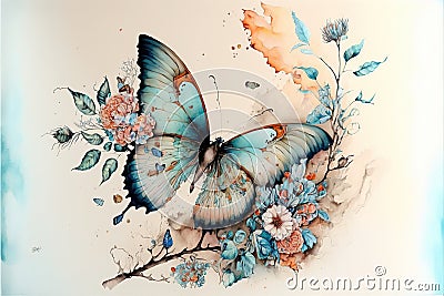 Watercolor painting of butterfly and flower garden isolated background Stock Photo