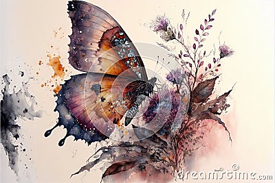 Watercolor painting of butterfly and flower garden isolated background Stock Photo