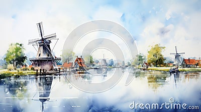 Delta Of Netherlands Watercolor Illustration Of Holland By The Water Side Stock Photo