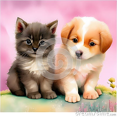 Charming Watercolor Pets - Puppy and Kitten. AI Generated Stock Photo