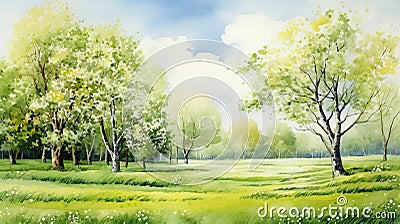 Watercolor Spring: Serene Pastoral Scenes Of Green Hills And Lime Trees Stock Photo