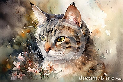 Watercolor painting of a cat on a white background. Pet. Animals. Illustration, generative AI Stock Photo