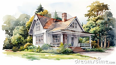 Photorealistic Watercolor Illustration Of Cottage In The Woods Stock Photo