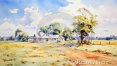 Watercolor Painting Of A Charming Australian Country Cottage Cartoon Illustration