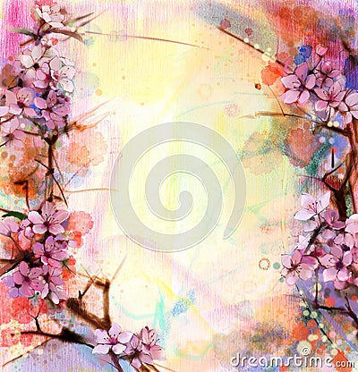 Watercolor Painting Cherry blossoms, Japanese cherry, Pink Sakura Stock Photo