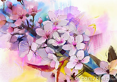 Watercolor Painting Cherry blossoms, Japanese cherry, Pink Sakura Stock Photo