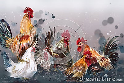 Watercolor painting chicken Animal Annual 2560/2017 Place stood Stock Photo