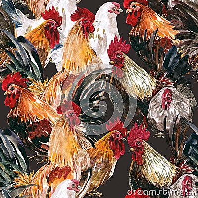 Watercolor painting chicken Animal Annual 2560/2017 Seamless design pattern is a natural markings. Stock Photo