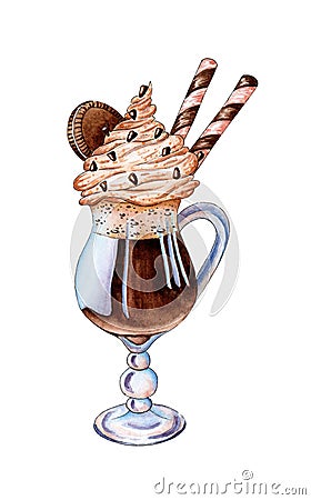 Watercolor painting chocolate cocktail with cookies and straws Vector Illustration