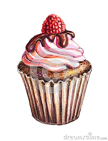 Chocolate muffin with strawberry painting with watercolor Stock Photo