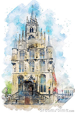 Gouda City Hall watercolor painting Stock Photo