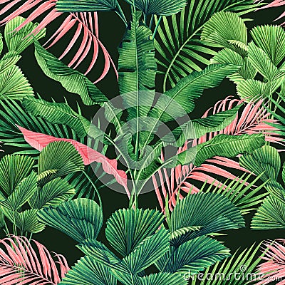 Watercolor painting coconut,banana,palm leaf,green ,pink leaves seamless pattern background.Watercolor summer illustration tropica Cartoon Illustration